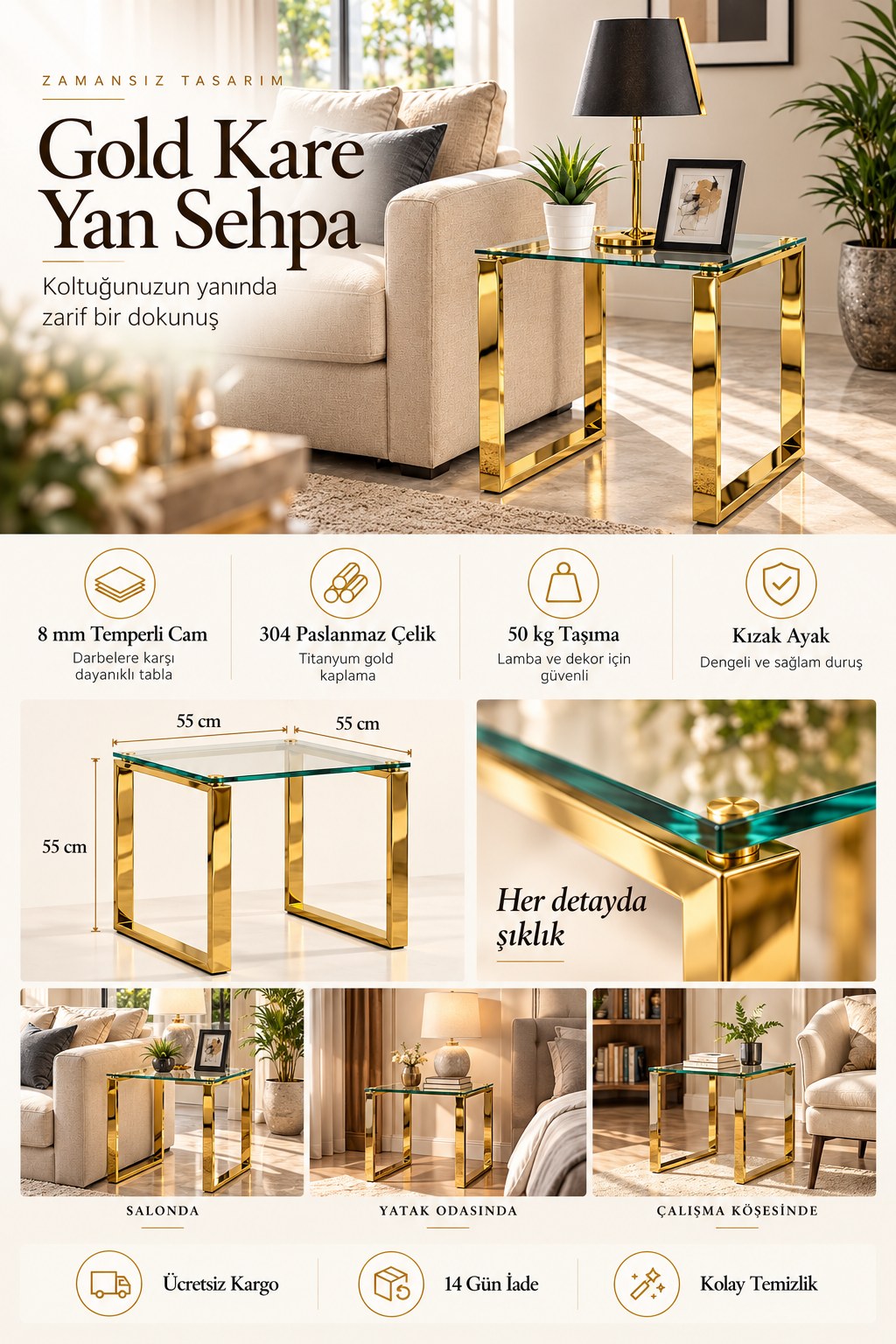 Gold Kare Yan Sehpa – 8 mm temperli cam, 304 paslanmaz çelik titanyum gold kaplama, 55 x 55 x 55 cm, 50 kg taşıma