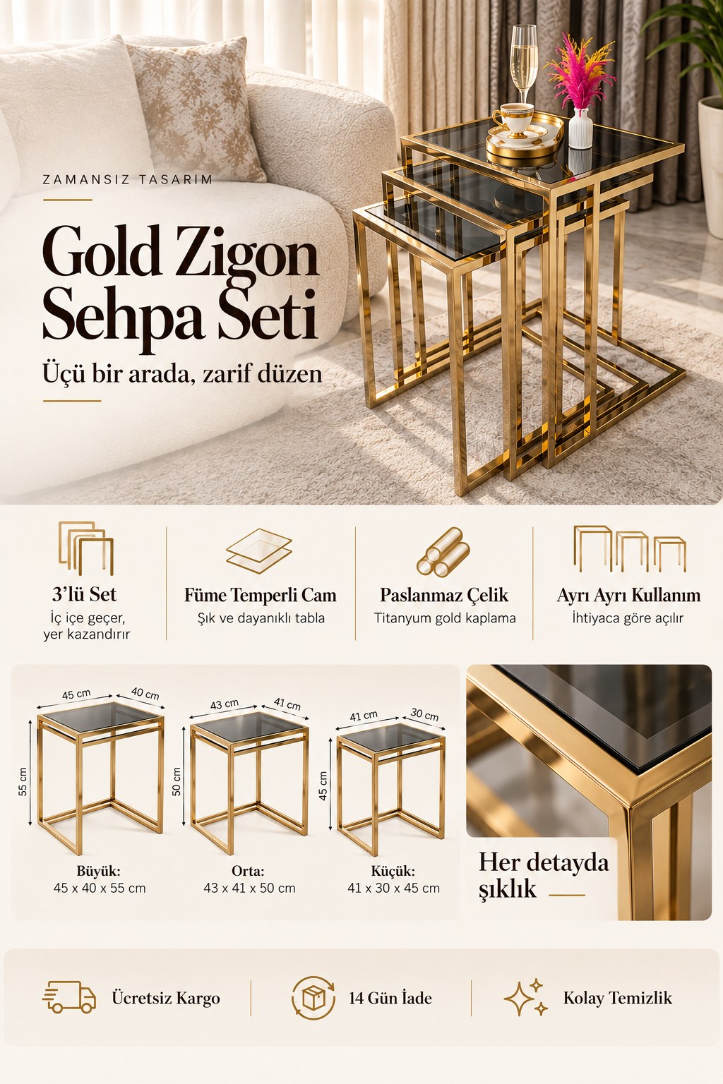 Gold 3'lü zigon sehpa seti – titanyum gold kaplama paslanmaz çelik, füme temperli cam, büyük 45x40x55, orta 43x41x50, küçük 41x30x45 cm