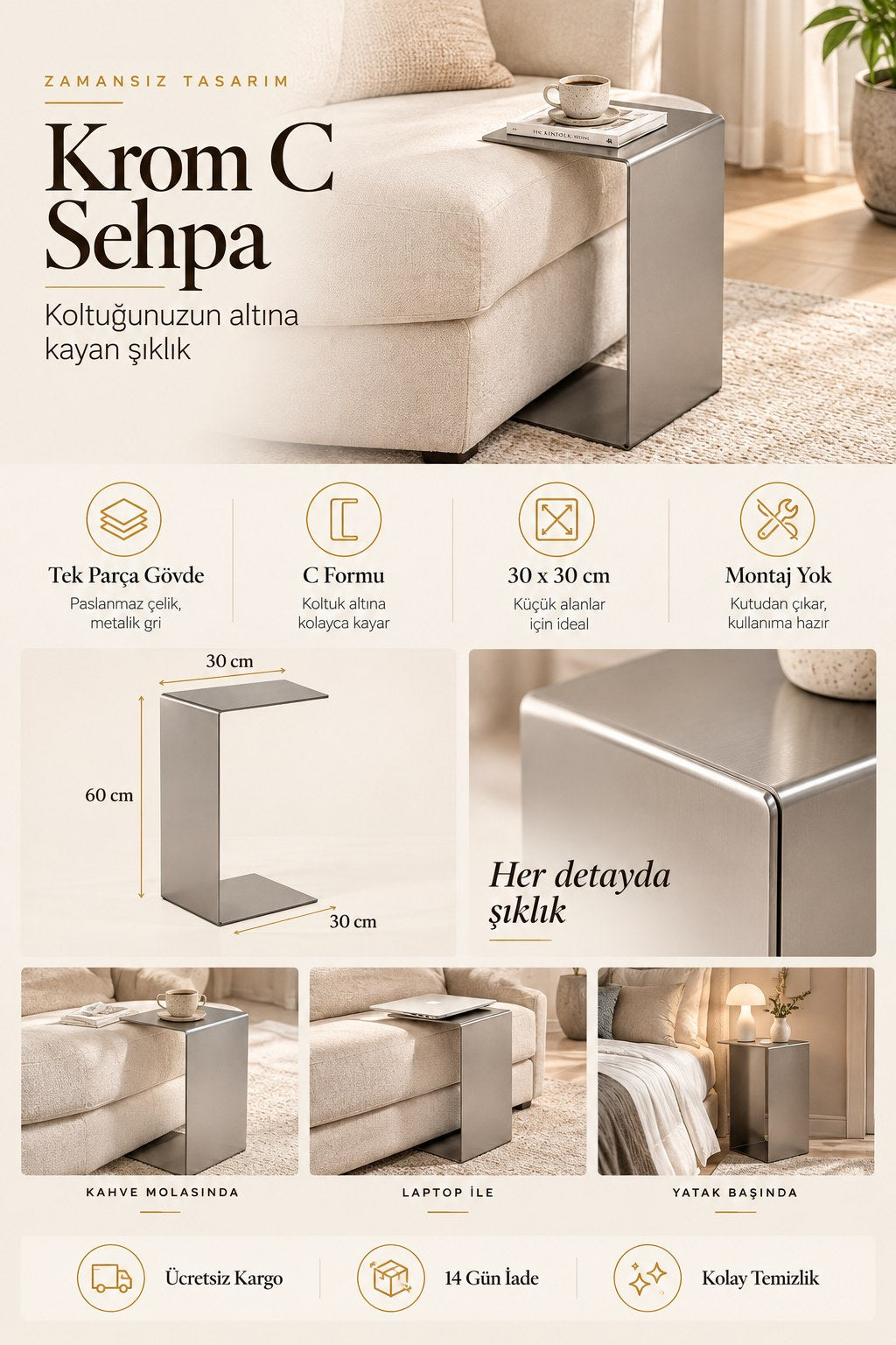 Krom C Sehpa – tek parça paslanmaz çelik, metalik gri, 30 x 30 x 60 cm, koltuk altına kayar, montaj gerektirmez