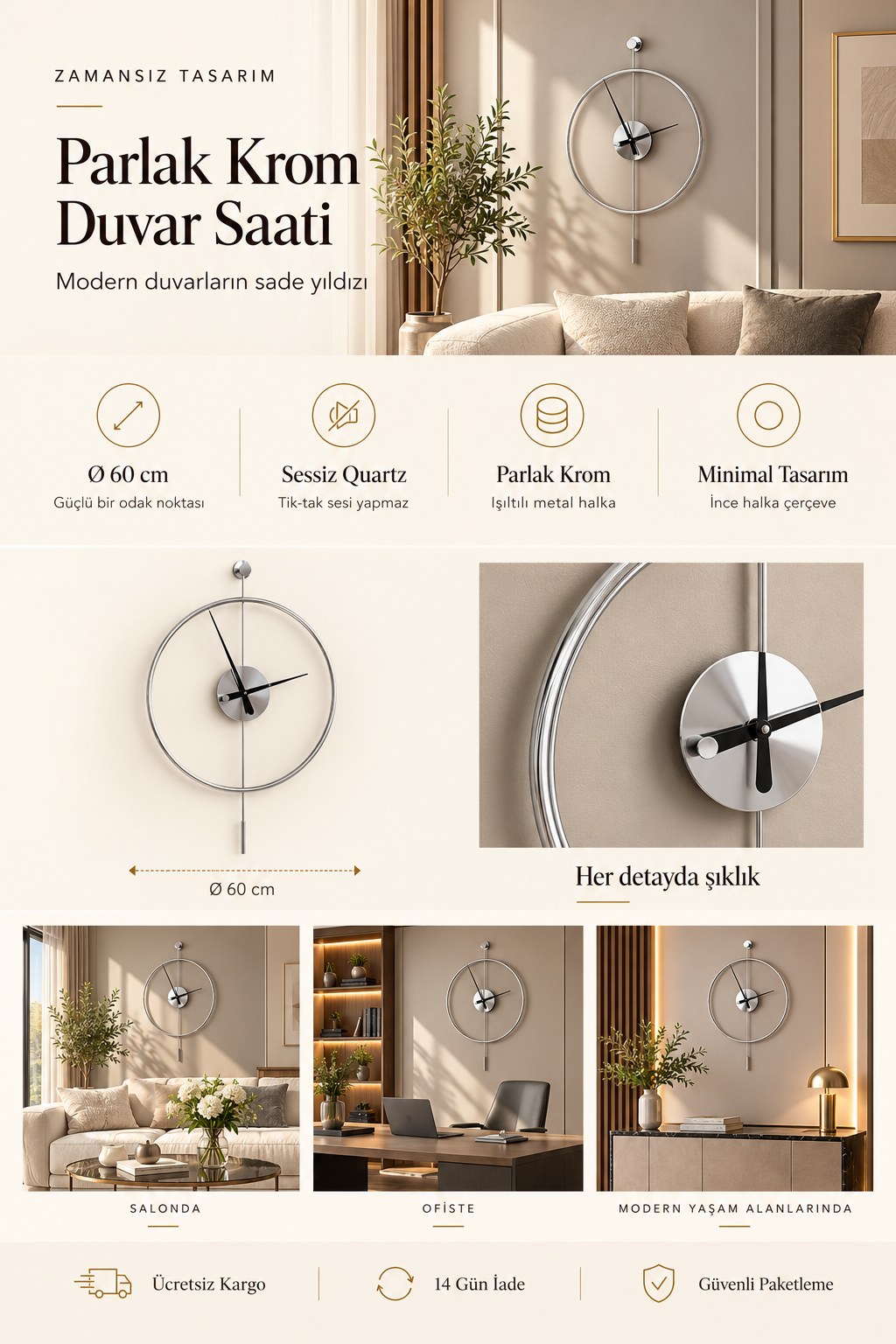 Parlak Krom Duvar Saati – Ø60 cm, sessiz Quartz mekanizma, parlak krom metal halka