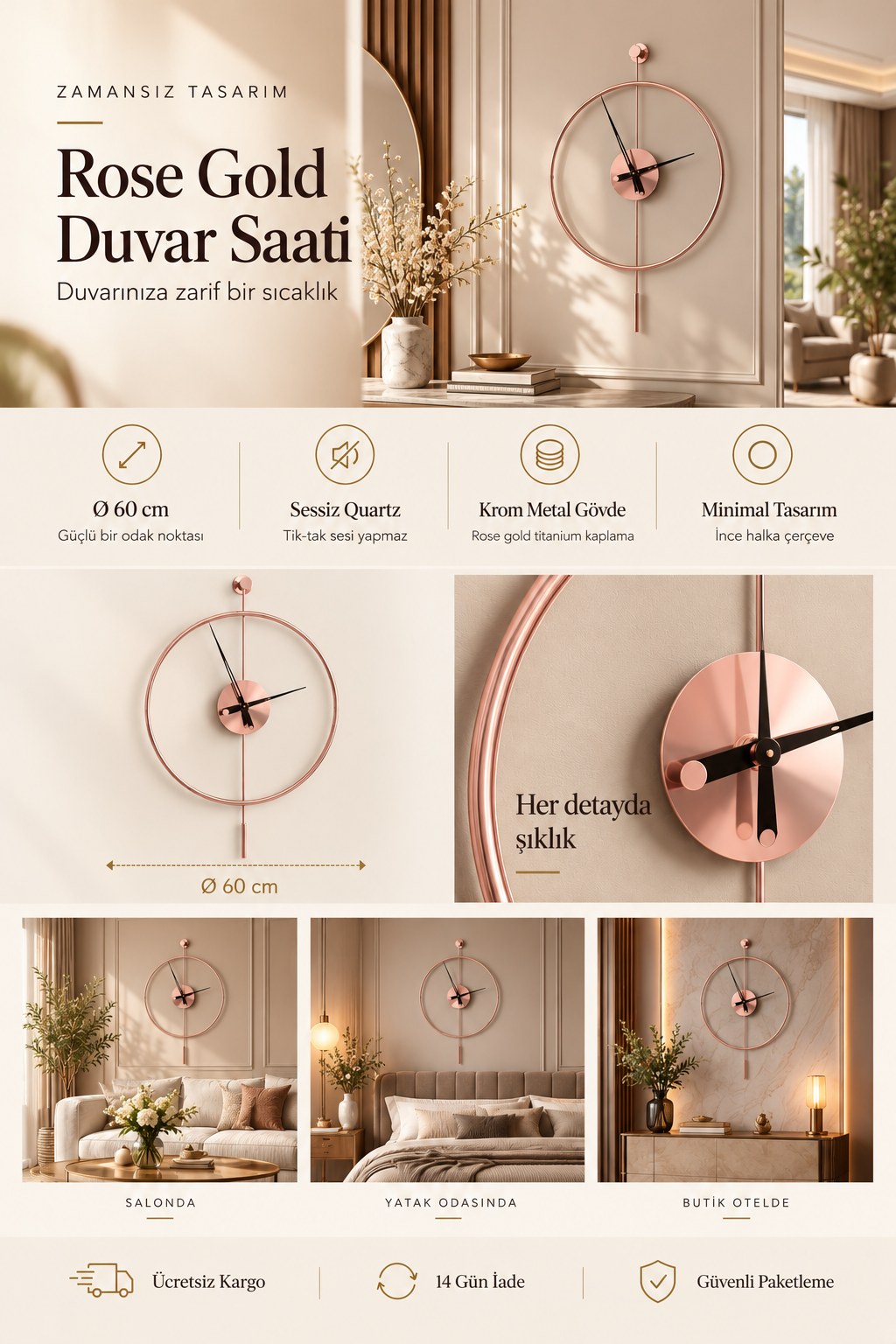 Rose Gold Duvar Saati – Ø60 cm, sessiz Quartz mekanizma, rose gold titanium kaplama krom metal gövde