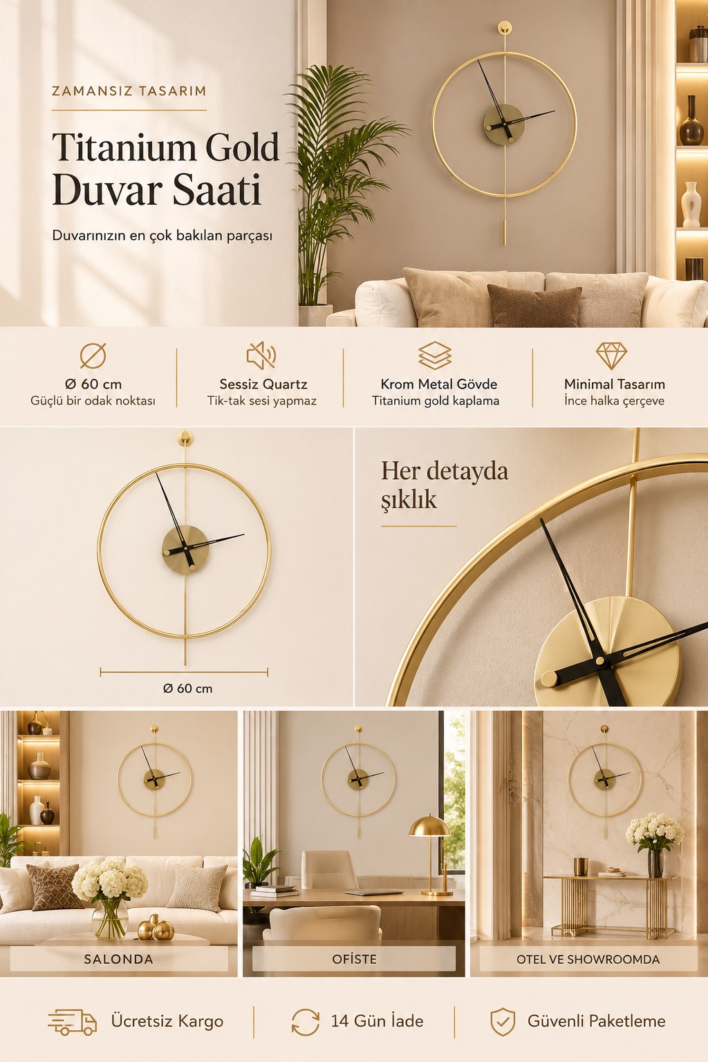 Titanium Gold Duvar Saati – Ø60 cm, sessiz Quartz mekanizma, titanium gold kaplama krom metal gövde