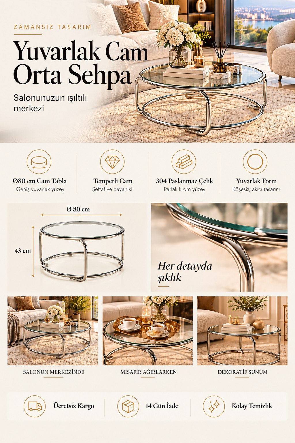 Parlak Krom Yuvarlak Cam Orta Sehpa – Ø80 cm temperli cam tabla, 304 paslanmaz çelik, 43 cm yükseklik