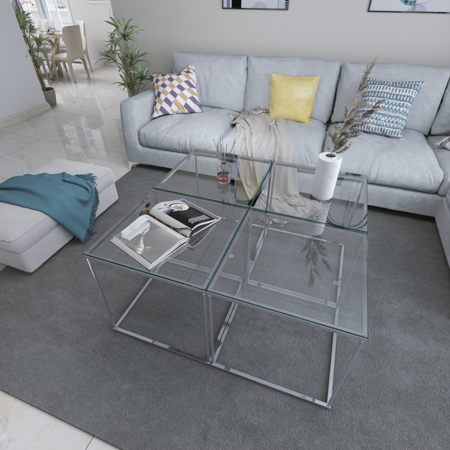 Gunesly Decor  Krom Metal Gövdeli Cam Orta Sehpa – Modern Salonlar İçin Minimal ve Zamansız Tasarım