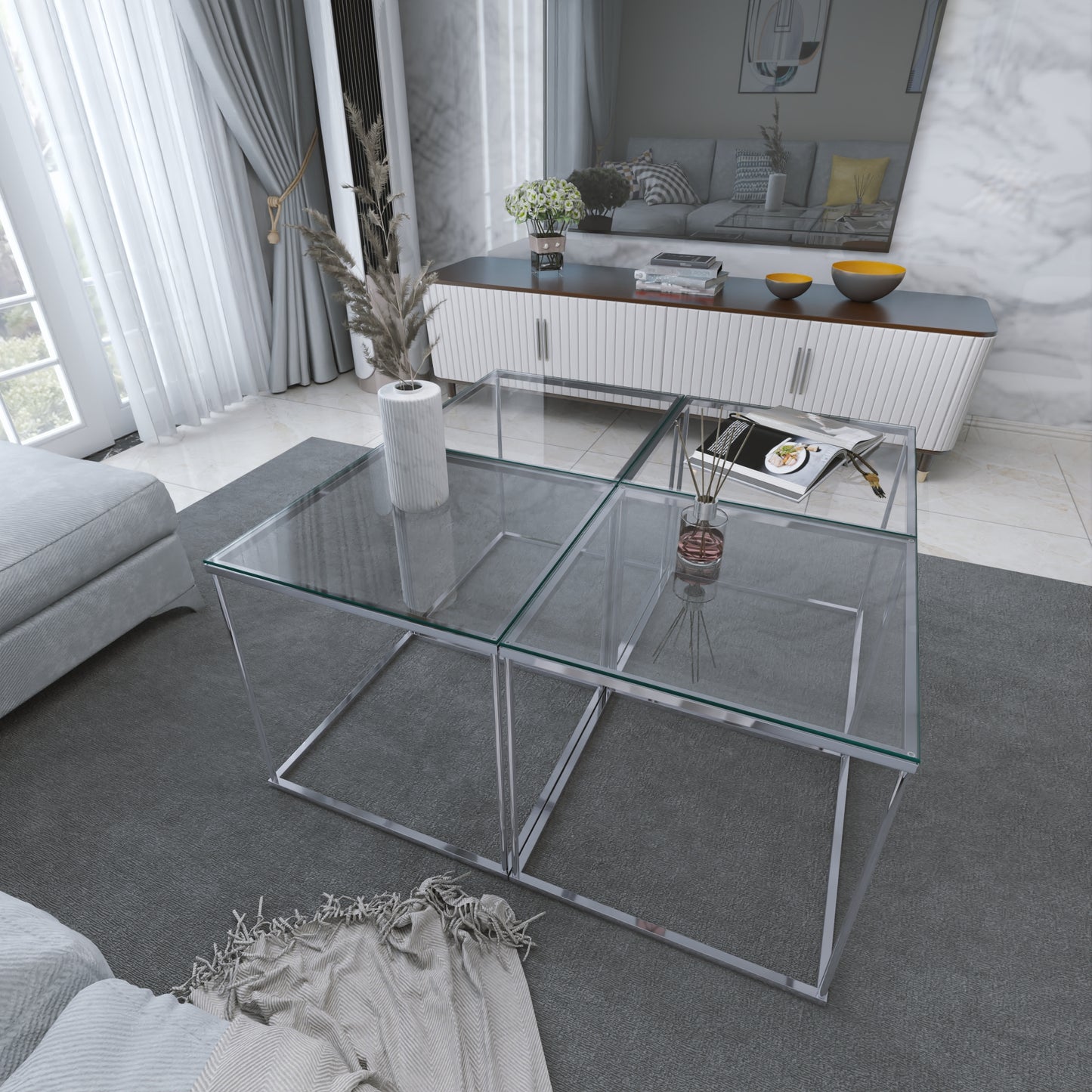 Gunesly Decor  Krom Metal Gövdeli Cam Orta Sehpa – Modern Salonlar İçin Minimal ve Zamansız Tasarım