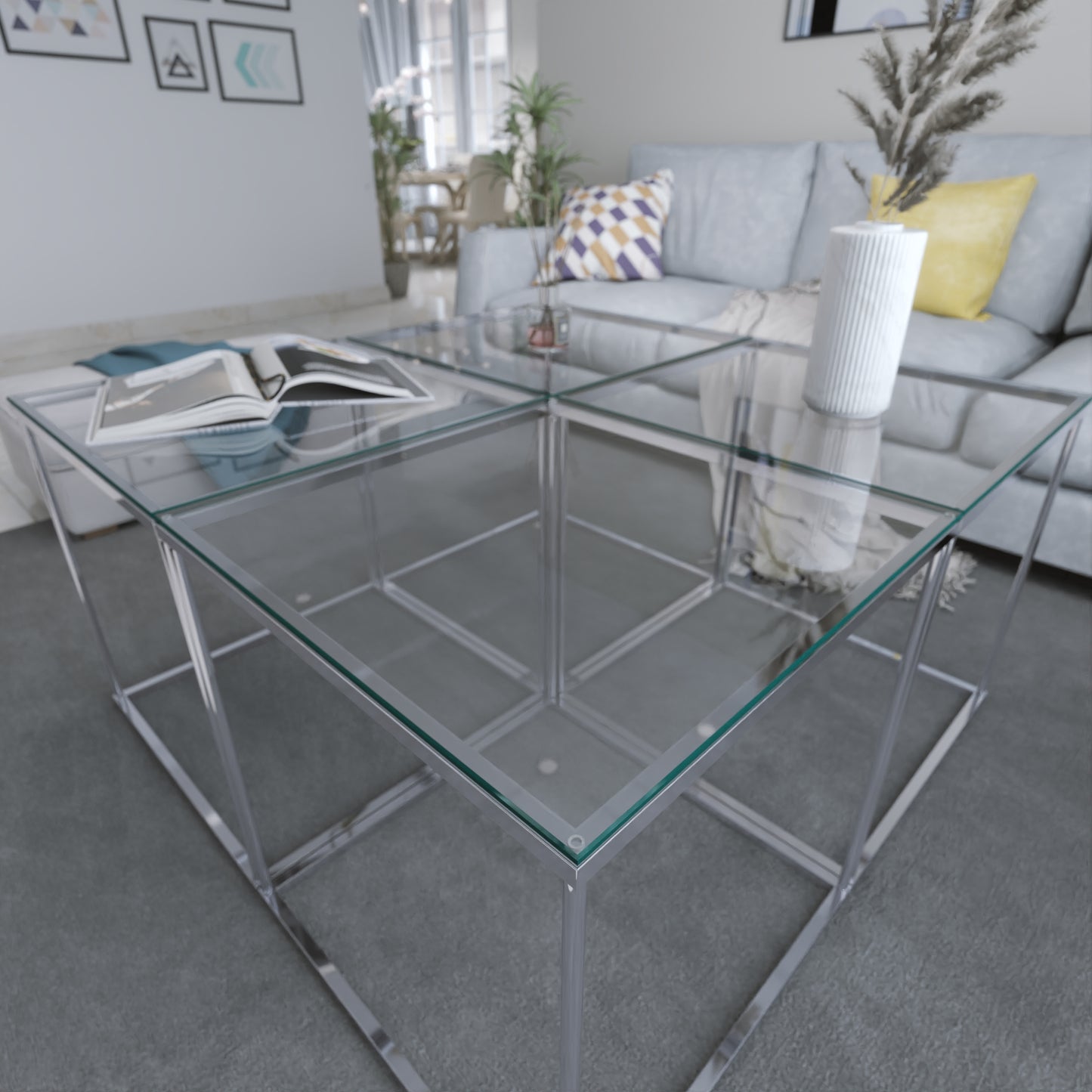 Gunesly Decor  Krom Metal Gövdeli Cam Orta Sehpa – Modern Salonlar İçin Minimal ve Zamansız Tasarım