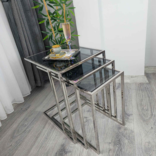 Gunesly Decor Luxury 3’lü Füme Cam Zigon Sehpa Seti – Metal Gövde, Temperli Cam, Modern & Şık Tasarım