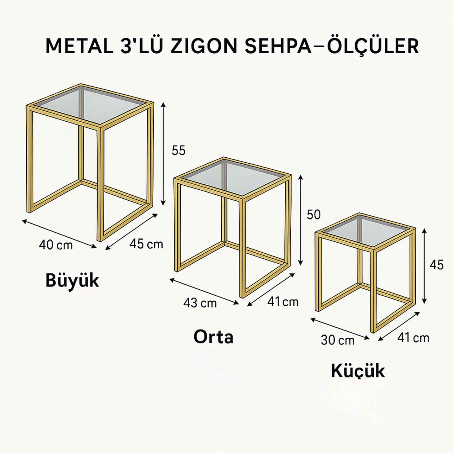 Gunesly Decor Luxury 3’lü Zigon Sehpa Seti – Titanyum Gold Kaplama Metal Gövde, Füme Temperli Cam, Modern Tasarım
