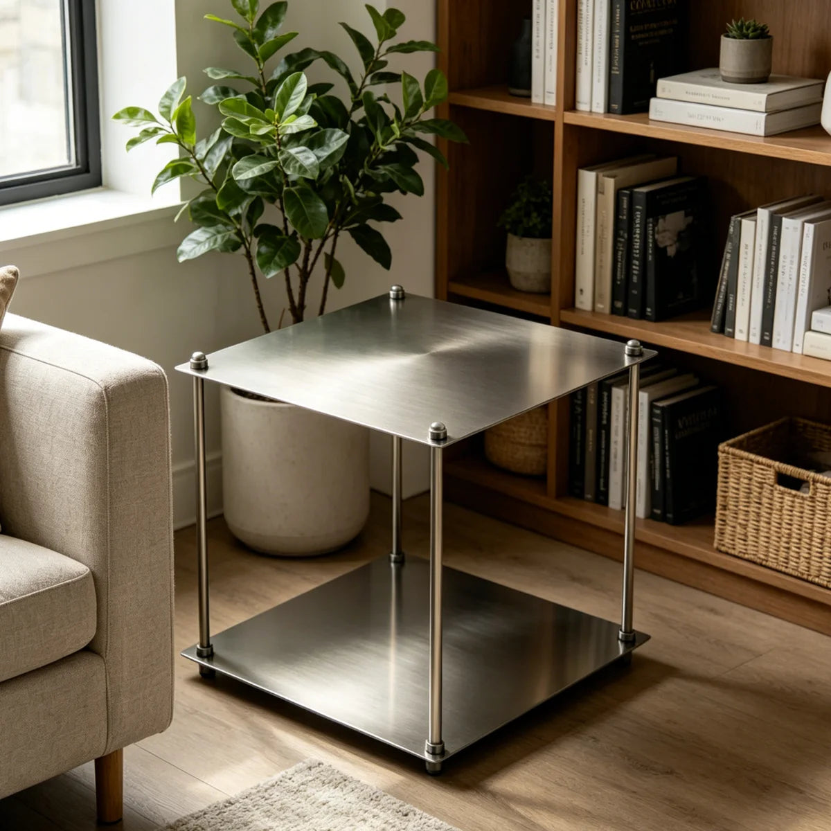 Minimalist Kare Paslanmaz Çelik Yan Sehpa – 2 Katlı Açık Raflı Metal Sehpa, Oturma Odası, Yatak Odası ve Kanepe Yanı İçin