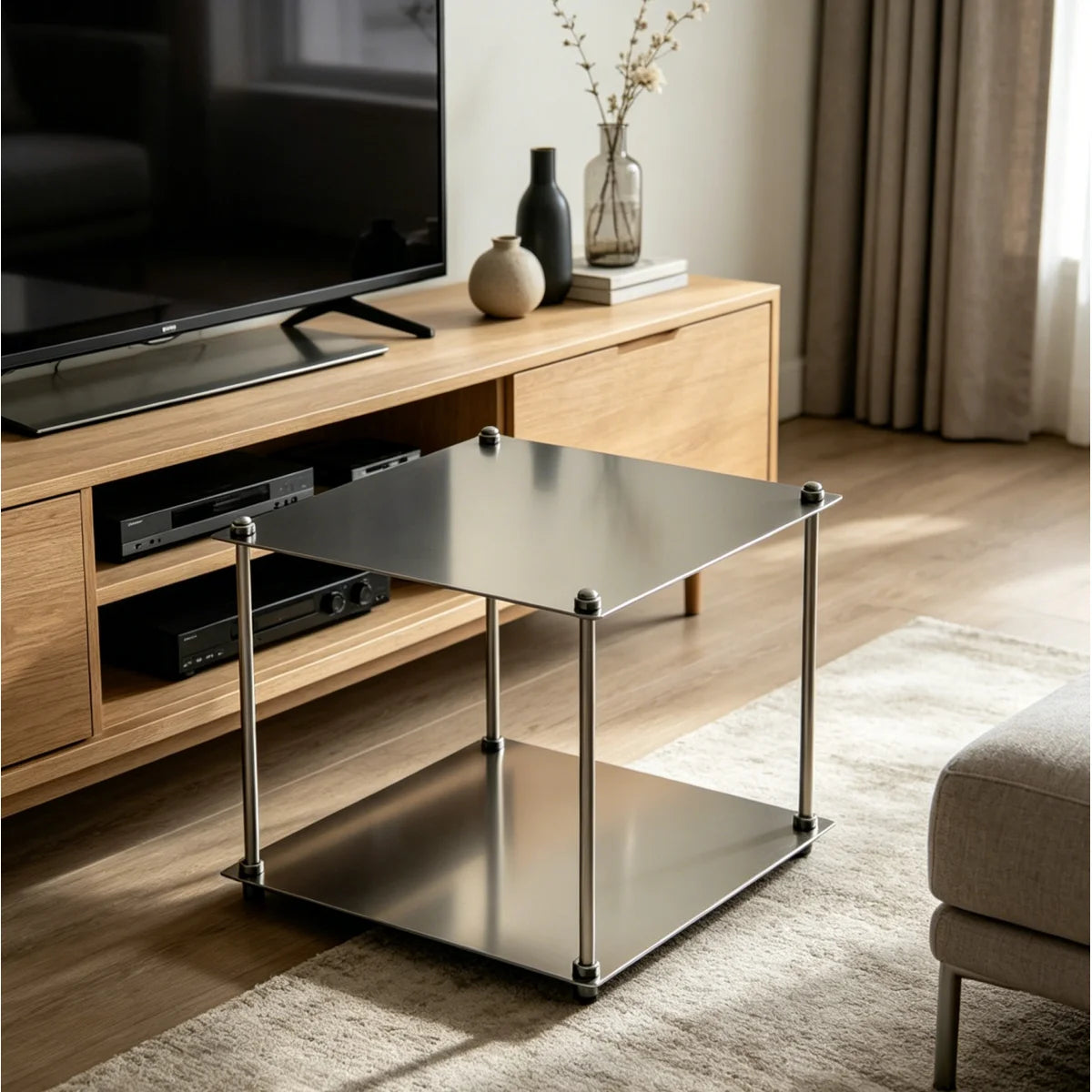 Minimalist Kare Paslanmaz Çelik Yan Sehpa – 2 Katlı Açık Raflı Metal Sehpa, Oturma Odası, Yatak Odası ve Kanepe Yanı İçin