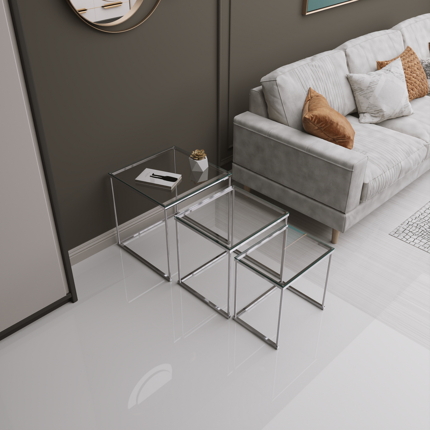 Gunesly Decor  3’lü Krom Cam Zigon Sehpa Seti – Modern Metal Gövdeli Tasarım