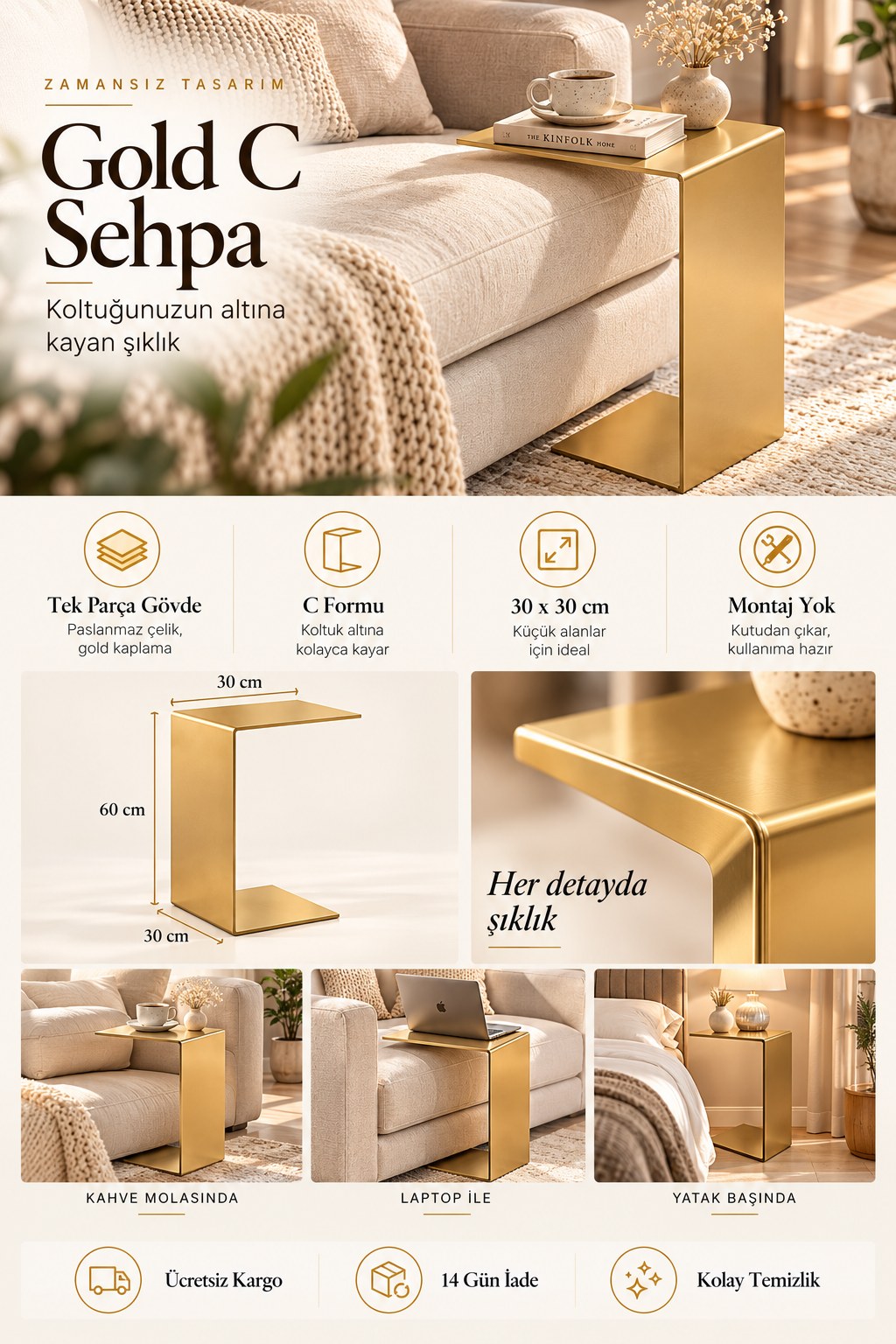 Gold C Sehpa – tek parça paslanmaz çelik, titanyum gold kaplama, 30 x 30 x 60 cm, koltuk altına kayar, montaj gerektirmez
