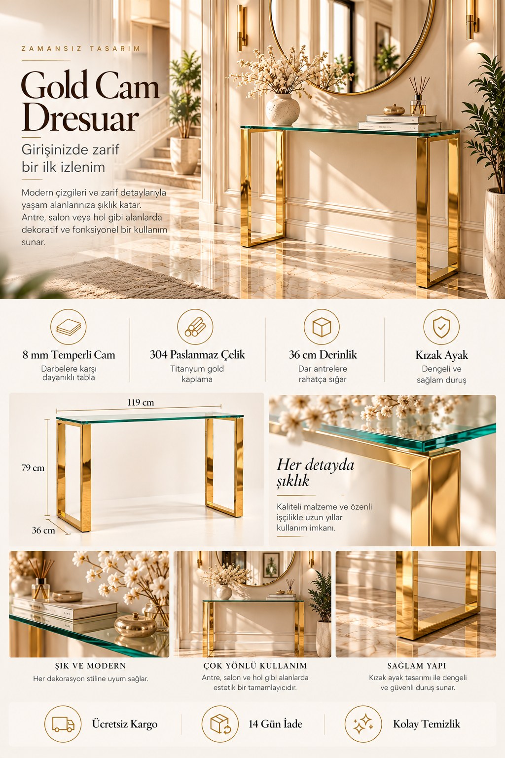Gold Cam Dresuar – 8 mm temperli cam, 304 paslanmaz çelik titanyum gold kaplama, 119 x 79 x 36 cm, ücretsiz kargo ve 14 gün iade