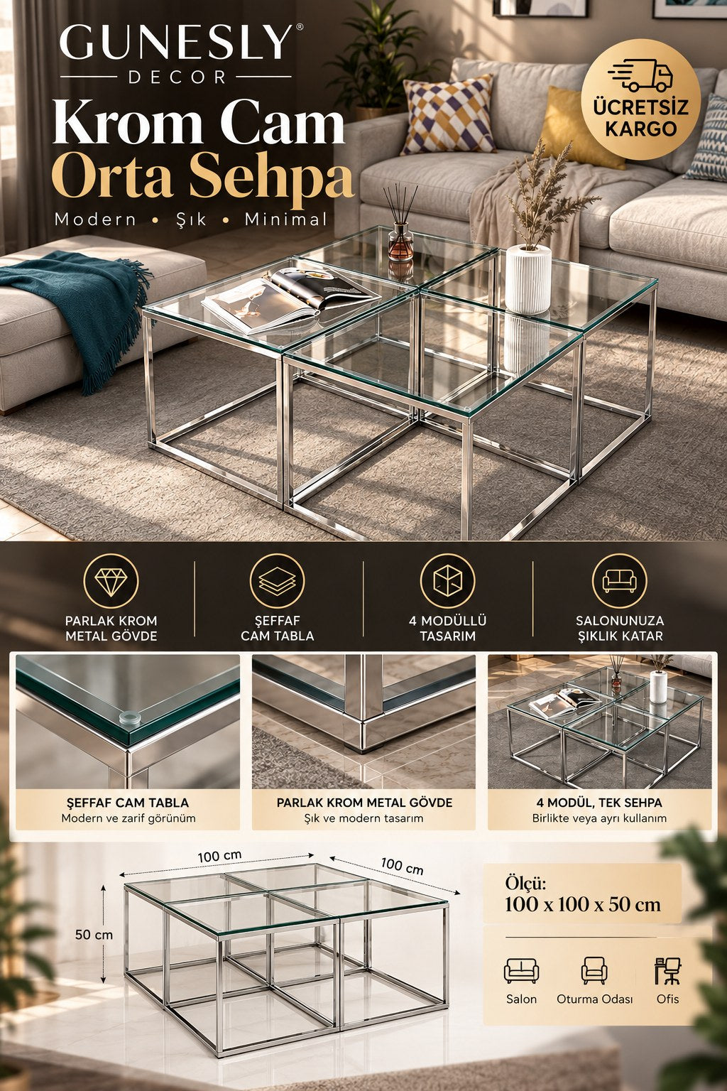 Krom Cam Orta Sehpa – 4 modüllü, 100 x 100 x 50 cm, parlak krom gövde ve şeffaf cam