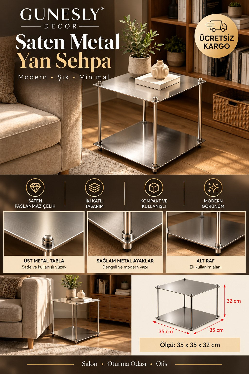 Saten metal yan sehpa – 2 katlı paslanmaz çelik, 35 x 35 x 32 cm