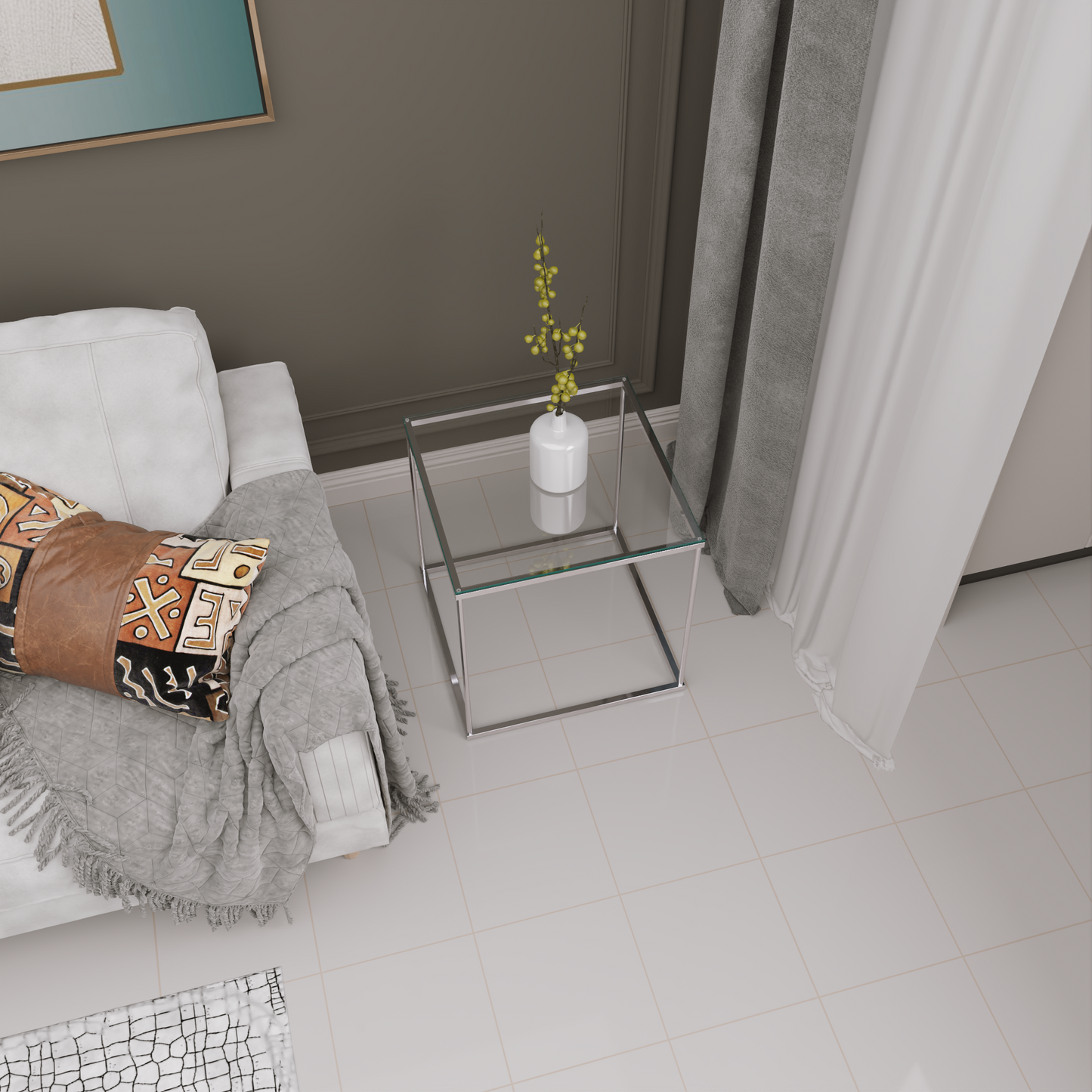 Gunesly Decor  Krom Cam Yan Sehpa – Modern Minimal Metal Tasarım