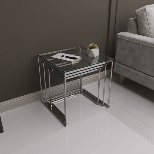 Gunesly Decor  3’lü Krom Cam Zigon Sehpa Seti – Modern Metal Gövdeli Tasarım