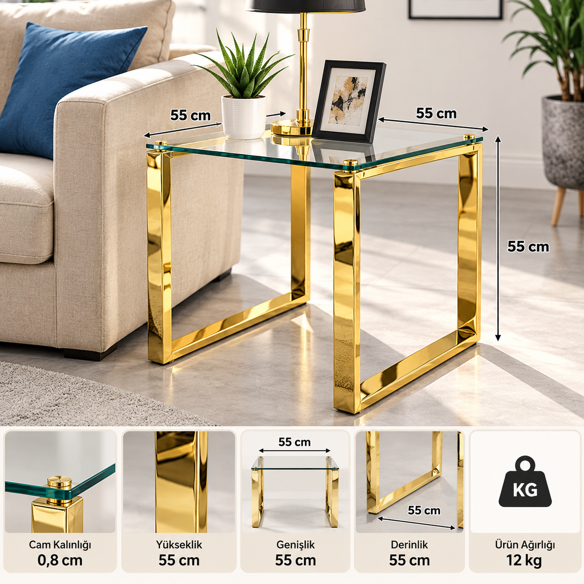 Gold kare cam yan sehpa – yakın görünüm