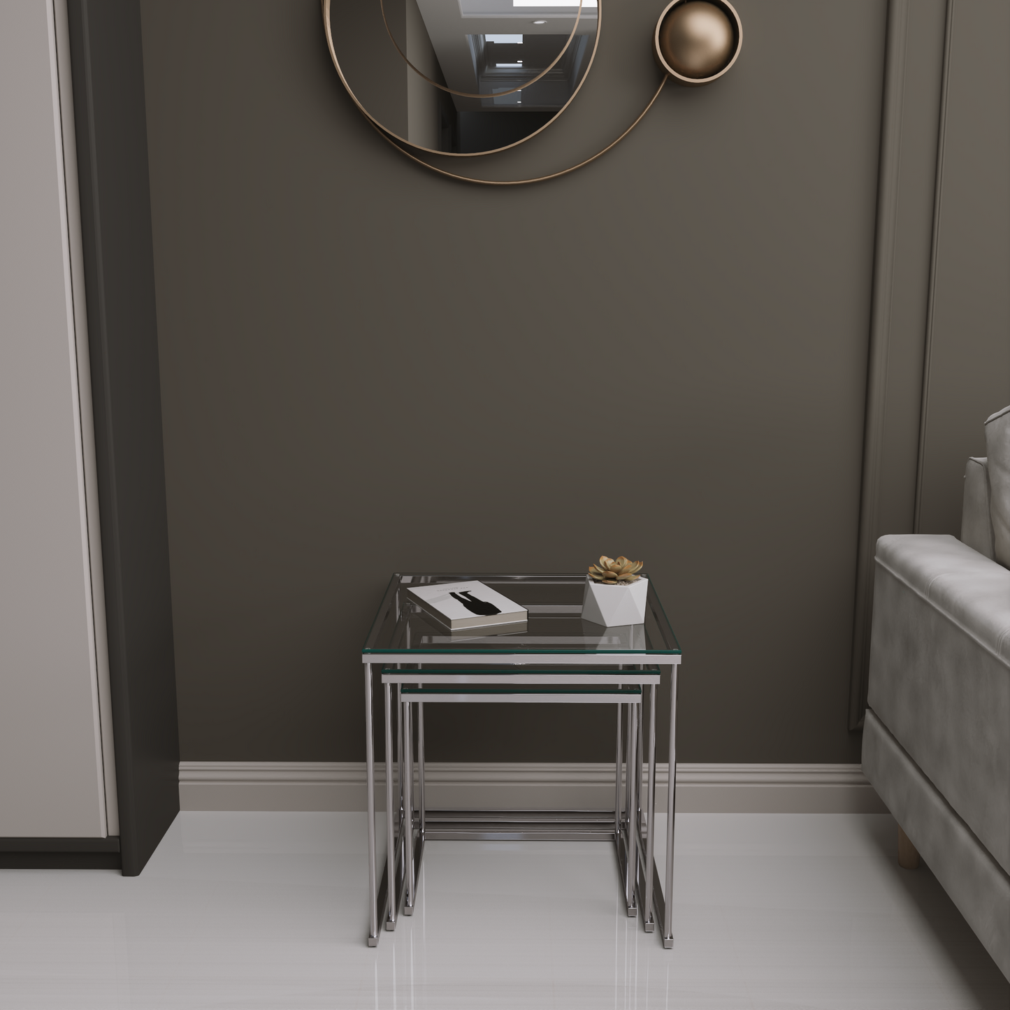 Gunesly Decor  3’lü Krom Cam Zigon Sehpa Seti – Modern Metal Gövdeli Tasarım
